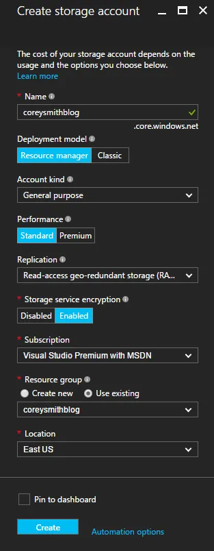 Create Azure Storage Account
