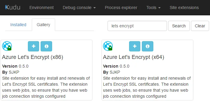 Let’s Encrypt Extensions in Kudu Site Extensions Gallery