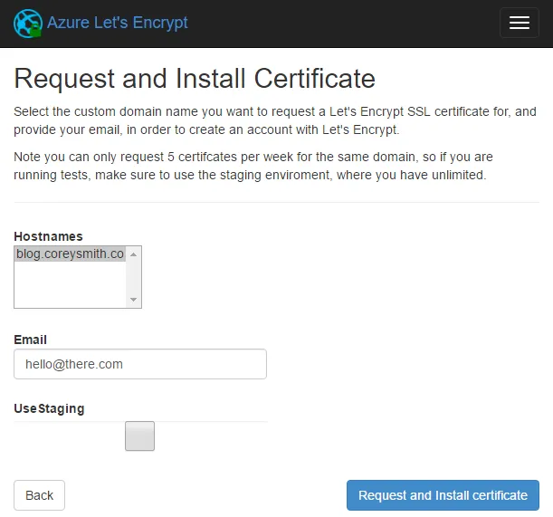 Let’s Encrypt Site Extension Request and Install Certificate